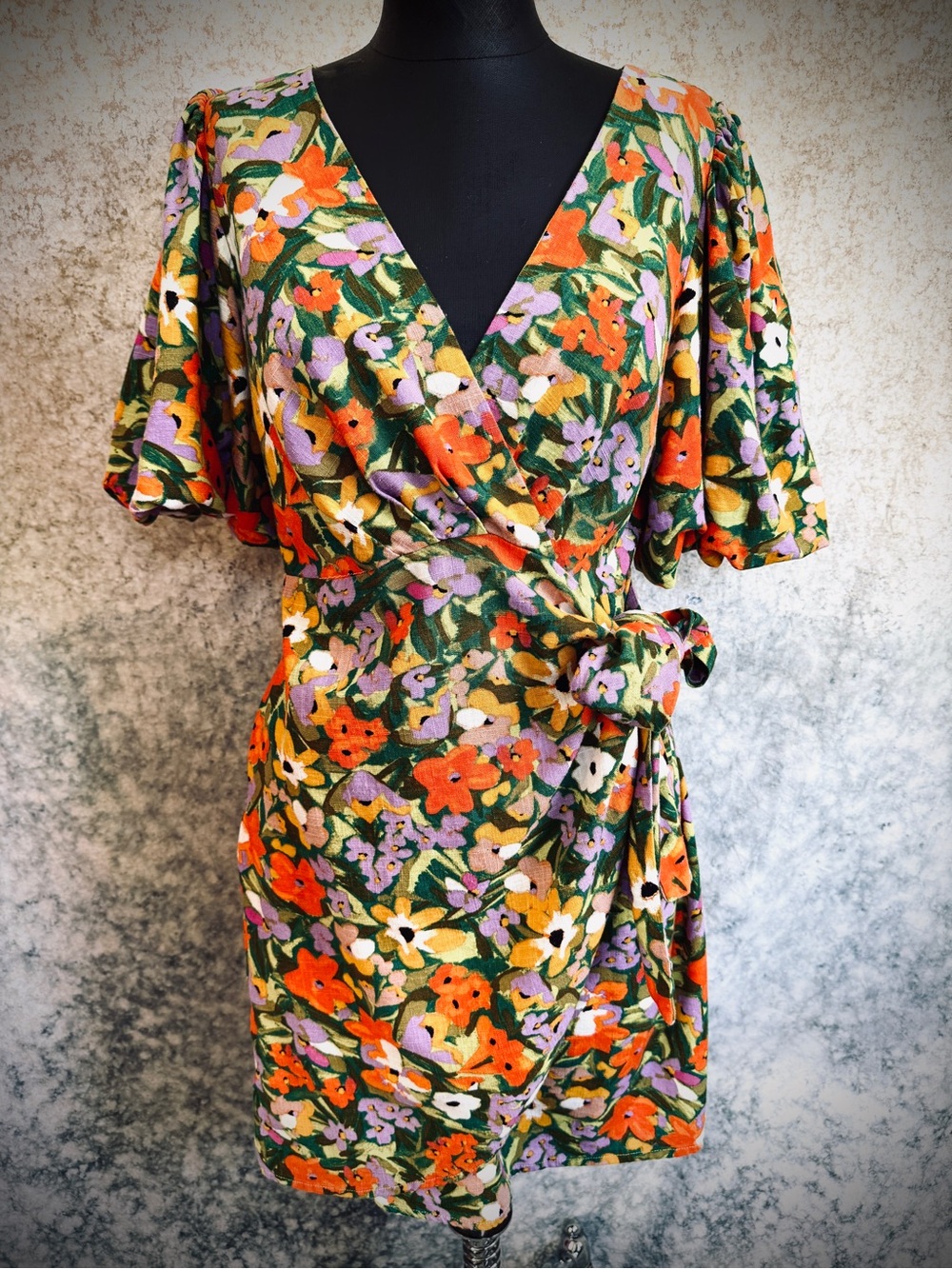 Petal & Pup Flourish Puff Sleeve Bright Floral Wrap Mini Dress - Medium